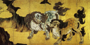  "Karajishi-zu byōbu" (The huge folding screen of Chinese lions) by Kanō Eitoku (狩野永徳)