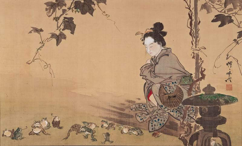 Bijinkan-agi-zu (Beautiful Woman with Frogs) by Kawanabe Kyōsai