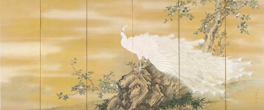 Folding screen with painting of peacock by Mochizuki Gyokukei