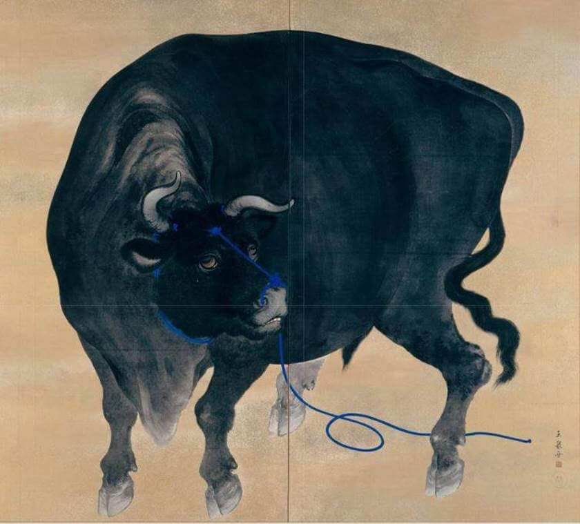 Folding screen with painting of black cattle by Mochizuki Gyokusen (望月玉泉)