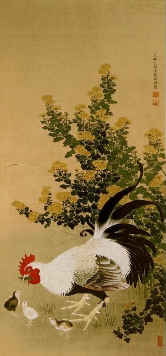 Figure of Roosters Beside Chrysanthemum by Hara Zaichū