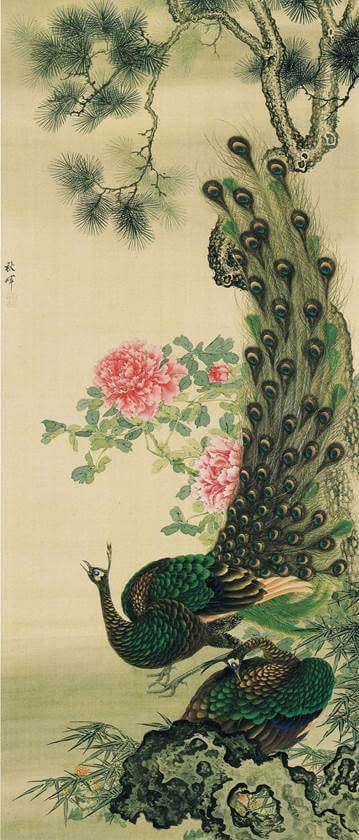 "Botan-Kujaku-zu Peacocks with Peonies Painting" by Okamoto Shūki