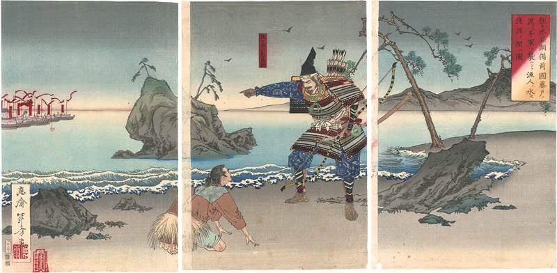 Sasaki Moritsuna Asking Fisherman to Reveal the Shallows Where His Troops can Cross and Attack the Taira Forces at Fujito in Bizen Province by Mizuno Toshikata