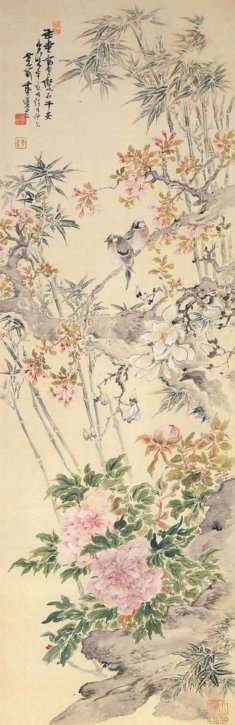 Kaki Reimō Gyokudōfuki Sōhaku Heiankyō (Two Meadow Buntings Praying for Peace with Peonies, Magnolias, and Crabapple Trees) by Kodama Katei