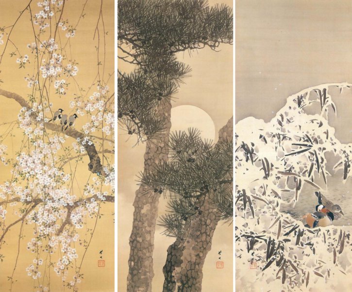 Great Tits on a Weeping Cherry Tree/The Moon with Pine Trees/Mandarin Ducks in Snow by Kikuchi Hōbun