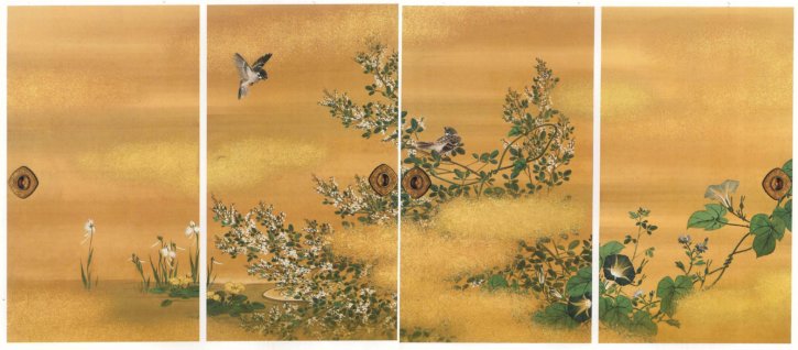 Japanese Clover and Sparrows by Murase Gyokuden