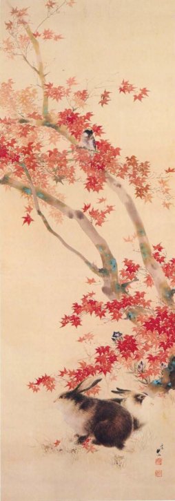 Japanese Maple Tree and Two Rabbits by Okutani Shūseki