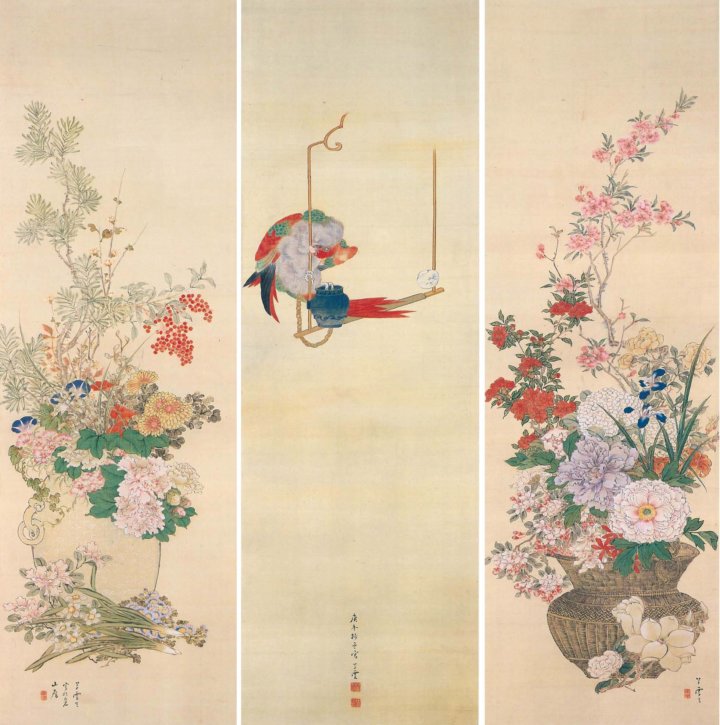 Shūtō HōbinGika InkoShunka Kōrō (Autumn and Winter Flowers in VesselsPsittacidaeFragrance of Spring and Summer) by Tazaki Sōun