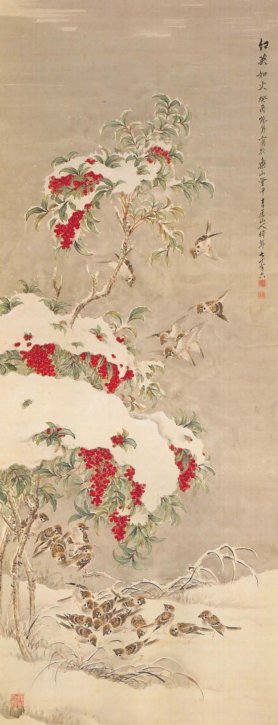 Secchū Nanten Gunjaku (Nandina with Snow and a Group of Sparrows) by Yamashita Seigai