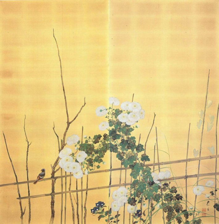 Chrysanthemum Flowers on a Woven Fence by Mizukami Taisei