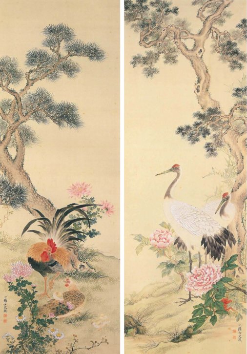 Peonies, Cranes and Japanese Emperor Oak Chrysanthemum, Chicken and Pine by Noguchi Shohin
