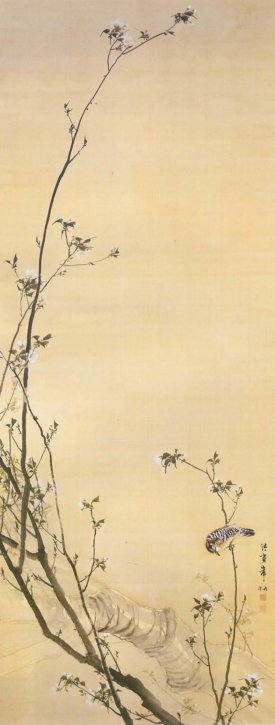 Yamazakura Shōkin-zu (Wild Cherry Blossoms and A Small Bird) by Kishi Chikudō