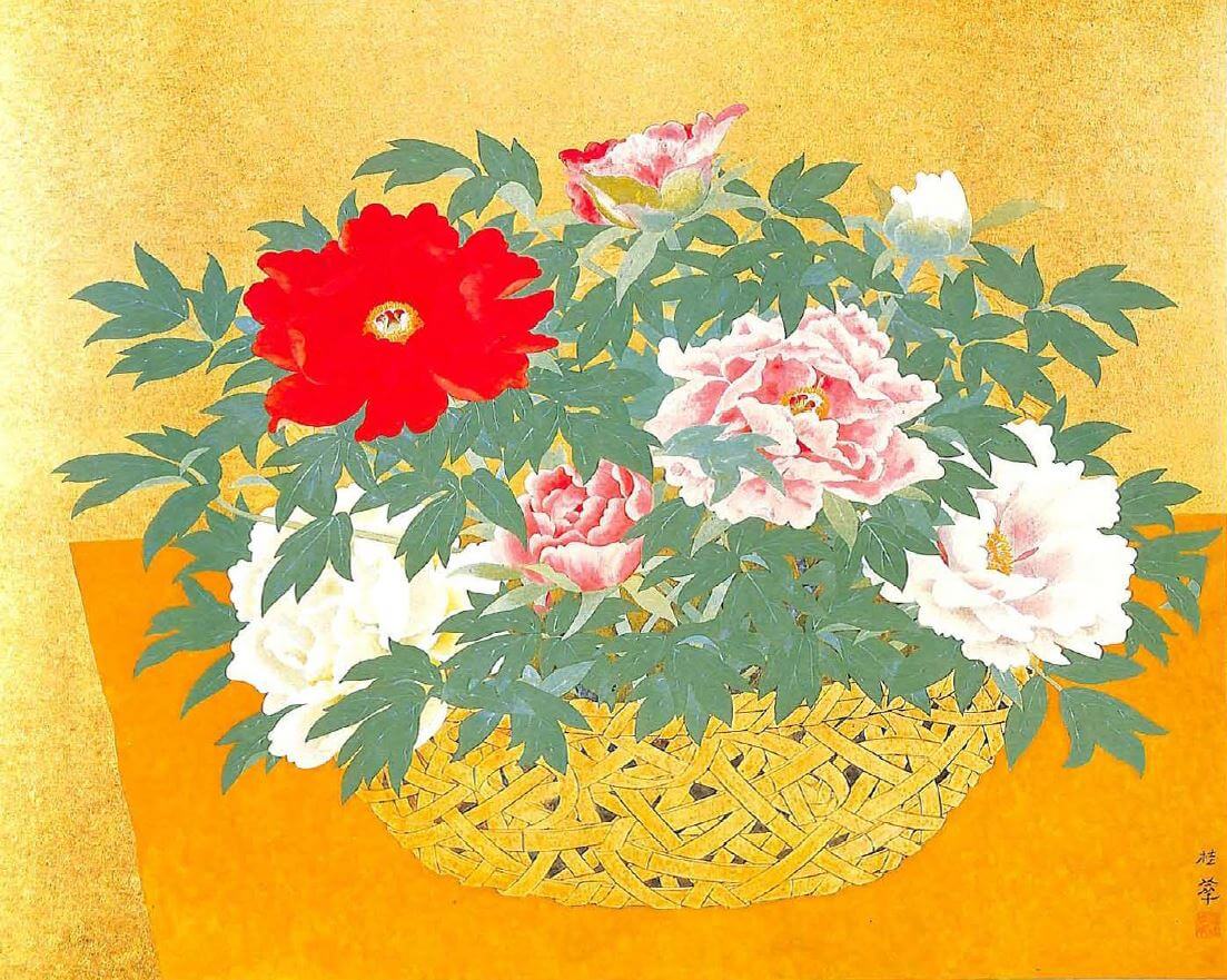 Peony Flowers in a Basket by Kanashima Keika