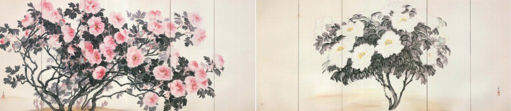 Screens of Red and White Peonies by Yamaguchi Hachikushi